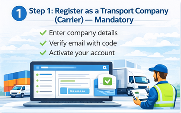 Entreprise de transport enregistrant un compte transporteur sur la plateforme ExusTrans avec processus de vérification de l’entreprise et d’activation
