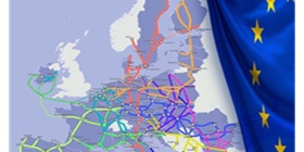 Réseau transeuropéen de transport (RTE-T) sur la carte et le drapeau de l'Europe