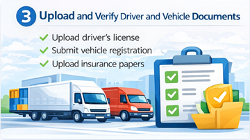 Entreprise de transport téléversant le permis de conduire et les documents du véhicule au format PDF pour vérification sur la plateforme ExusTrans